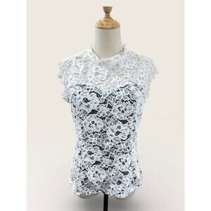 WHBM Lace Sleeveless Top w/ Black Bodess Lining, Eyelash Lace Trim & Back Zip